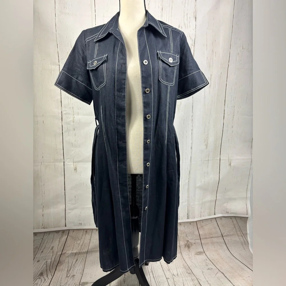Linen Dress Button Up Navy White Stitching Belted - Picture 5 of 9